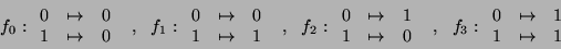 \begin{displaymath}f_0:\begin{array}{ccc}
0 &\mapsto& 0 \\
1 &\mapsto& 0 %%\\
...
...n{array}{ccc}
0 &\mapsto& 1 \\
1 &\mapsto& 1 %%\\
\end{array}\end{displaymath}