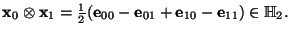 $\mbox{\bf x}_0\otimes \mbox{\bf x}_1 = \frac{1}{2}(\mbox{\bf e}_{00}-\mbox{\bf e}_{01}+\mbox{\bf e}_{10}-\mbox{\bf e}_{11})\in\mathbb{H}_2.$