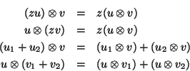 \begin{eqnarray*}
(zu)\otimes v &=& z(u\otimes v) \\
u \otimes (zv) &=& z(u\ot...
...mes v)\\
u\otimes (v_1+v_2) &=& (u\otimes v_1) + (u\otimes v_2)
\end{eqnarray*}