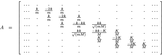 \begin{eqnarray*}
A & = &
\left[ \begin{array}{cccccccccc}
\ldots & . & . & ...
...ts & . & . & . & . & . & . & . & . & \ldots
\end{array} \right]
\end{eqnarray*}