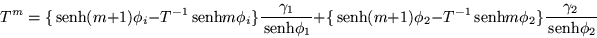 \begin{displaymath}
T^m =\{\,{\mbox{senh}}(m+1)\phi_i -T^{-1}\,{\mbox{senh}}m\p...
...\mbox{senh}}m\phi_2 \}\frac{\gamma _2}{\,{\mbox{senh}}\phi_2}
\end{displaymath}