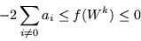 \begin{displaymath}
-2\sum_{i\neq 0} a_i \leq f(W^k) \leq 0
\end{displaymath}