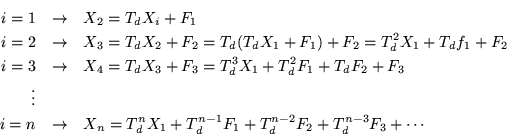 \begin{eqnarray*}
i=1 & \rightarrow & X_2 =T_d X_i +F_1 \\
i=2 & \rightarrow ...
..._n =T_d^n X_1 +T_d^{n-1}F_1 +T_d^{n-2}F_2 +T_d^{n-3}F_3 +\cdots
\end{eqnarray*}