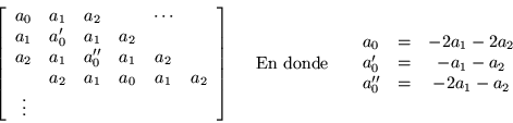 \begin{displaymath}
\left[\begin{array}{cccccc}
a_0 & a_1 & a_2 & & \cdots & ...
...1 - a_2 \\
a_0^{\prime\prime} & = & -2a_1 - a_2
\end{array}\end{displaymath}