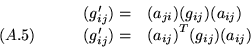 \begin{displaymath}\begin{array}{crl}
& (g'_{ij}) = & (a_{ji})(g_{ij})(a_{ij})\...
...uad & (g'_{ij}) = & {(a_{ij})}^T (g_{ij})(a_{ij})
\end{array}\end{displaymath}