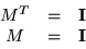 \begin{displaymath}\begin{array}{ccc}
M^T & = & {\bf I} \\
M & = & {\bf I}
\end{array}\end{displaymath}