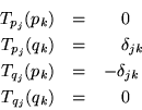 \begin{eqnarray*}
T_{p_j}(p_k) & = & \quad 0 \\
T_{p_j}(q_k) & = & \quad \del...
...T_{q_j}(p_k) & = & -\delta_{jk} \\
T_{q_j}(q_k) & = & \quad 0
\end{eqnarray*}