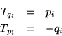 \begin{eqnarray*}
T_{q_i} & = & p_i \\
T_{p_i} & = & - q_i
\end{eqnarray*}