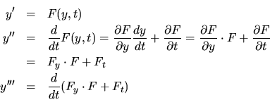 \begin{eqnarray*}
y^{\prime} & = & F(y,t) \\
y^{\prime\prime} & = & \frac{d...
...
y^{\prime\prime\prime} & = & \frac{d}{dt}(F_y\cdot F + F_t)
\end{eqnarray*}