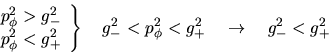 \begin{displaymath}\left. \begin{array}{lcr}
p_\phi^2 > g_-^2 \\
p_\phi^2 <...
...-^2 < p_\phi^2 < g_+^2 \quad \rightarrow \quad
g_-^2 < g_+^2
\end{displaymath}