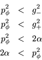 \begin{eqnarray*}
p_\phi^2 &<& g_-^2\\
p_\phi^2 &<& g_+^2\\
p_\phi^2 &<& 2\alpha\\
2\alpha &<& p_\phi^2
\end{eqnarray*}