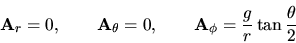 \begin{displaymath}
{\bf A}_r = 0, \qquad
{\bf A}_{\theta} = 0, \qquad
{\bf A}_{\phi} = \frac{g}{r}\tan\frac{\theta}{2}
\end{displaymath}