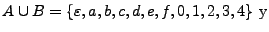 $\displaystyle A\cup B= \{\varepsilon,a,b,c,d,e,f,0,1,2,3,4\}\ \textrm{y}
$