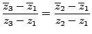 $\displaystyle \frac{\overline z_3 - \overline z_1}{ z_3-z_1} = \frac{\overline z_2 - \overline z_1}{ z_2-z_1}$