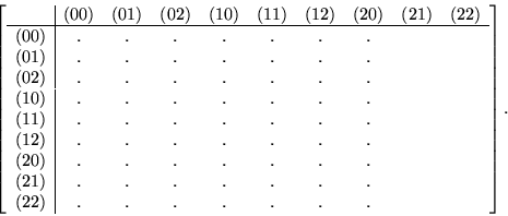 \begin{displaymath}\left[ \begin{array}{l\vert ccccccccc}
& (00) & (01) & (02)...
... \\
(22) & . & . & . & . & . & . & . &
\end{array} \right]. \end{displaymath}