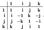 \begin{displaymath}\begin{array}{r\vert rrrr}
& {\bf 1}& {\bf i}& {\bf j}& {\b...
...}\\
{\bf k}& {\bf k}& {\bf j}& {\bf i}& {\bf 1}
\end{array}. \end{displaymath}