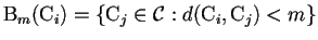 $ \mathrm{B}_m{(\mathrm{C}_{i})}=\{ \mathrm{C}_{j} \in \mathcal{C}: d(\mathrm{C}_{i},\mathrm{C}_{j})< m \}$