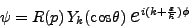 \begin{displaymath}
\psi = R(p) Y_k (\mbox{cos}\theta)\;\mbox{{\Large$e$}}^{i(k + \frac{\varepsilon}{\hbar})\phi}
\end{displaymath}