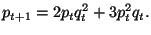 $\displaystyle p_{t+1}=2p_{t}q_{t}^{2}+3p_{t}^{2}q_{t}.$