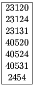 $
\begin{array}{\vert c\vert}
\hline
23120 \\
23124 \\
23131 \\
40520 \\
40524 \\
40531 \\
2454 \\
\hline
\end{array}$