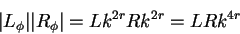 \begin{displaymath}
\vert L_\phi\vert\vert R_\phi\vert=Lk^{2r}Rk^{2r}=LRk^{4r}
\end{displaymath}