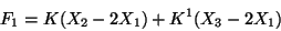 \begin{displaymath}
F_1 = K(X_2 - 2X_1) + K^1(X_3 - 2X_1)
\end{displaymath}