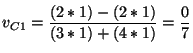 $\displaystyle v_{C1} = \frac{(2*1)-(2*1)}{(3*1)+(4*1)} = \frac{0}{7}$