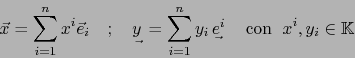 \begin{displaymath}\vec{x}=\sum_{i=1}^n x^i \vec{e}_i \quad;\quad \mathop{\vtop{...
...n-5pt}}}}\limits \quad \mbox{con }\; x^i,y_i \in {{\mathbb{K}}}\end{displaymath}