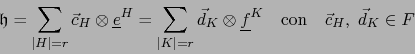 \begin{displaymath}{{\frak h}} = \sum_{\vert H\vert=r} \vec{c}_{H} \otimes {\und...
...e f}^{K} \quad \mbox{con} \quad \vec{c}_{H},\;\vec{d}_{K} \in F\end{displaymath}