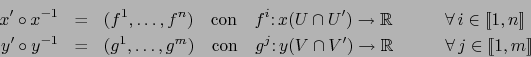 \begin{eqnarray*}
x^\prime \circ x^{-1} &=& (f^1,\ldots,f^n) \quad \mbox{con} \q...
...e) \to {{\mathbb{R}}} \hspace{3em} \forall\, j \in [\![ 1,m ]\!]
\end{eqnarray*}
