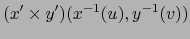 $\displaystyle (x^\prime \times y^\prime)(x^{-1}(u) , y^{-1}(v))$