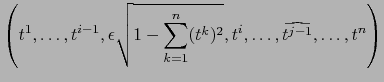 $\displaystyle \left( t^1,\ldots, t^{i-1}, \epsilon \sqrt{ 1- \sum_{k=1}^n (t^k)^2}, t^i,\ldots, \widehat{t^{j-1}}, \ldots, t^n \right)$
