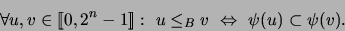 \begin{displaymath}\forall u,v\in[\![0,2^n-1]\!]:\ u\leq_Bv\ \Leftrightarrow\ \psi(u)\subset \psi(v).\end{displaymath}