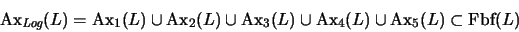 \begin{displaymath}
\mbox{\rm Ax}_{\mbox{\scriptsize\it Log}}(L)= \mbox{\rm Ax}...
...rm Ax}_4(L)\cup \mbox{\rm Ax}_5(L) \subset \mbox{\rm Fbf}(L)
\end{displaymath}