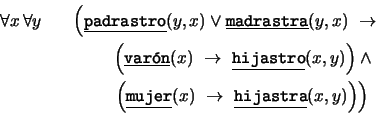 \begin{eqnarray*}
\forall x\,\forall y && \left( \mbox{\underline{\tt padrastro...
...x{\underline{\tt hijastra}}(x,y)\rule{0cm}{.4cm}\right)\right)
\end{eqnarray*}