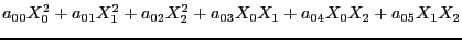 $\displaystyle a_{00}X_0^2 + a_{01}X_1^2 + a_{02}X_2^2 + a_{03}X_0X_1 + a_{04}X_0X_2 + a_{05}X_1X_2$