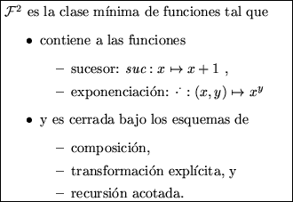 \fbox{\begin{minipage}{20em}
${\cal F}^3$\space es la clase m\'\i nima de funci...
...cita, y
\item sumatoria acotada.
\end{itemize}
\end{itemize}
\end{minipage}}