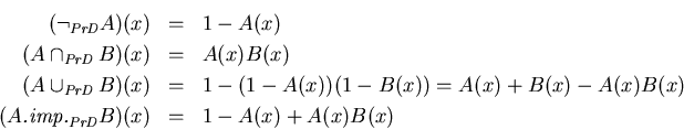 \begin{eqnarray*}(\neg_{\mbox{\scriptsize\it PrD}}A)(x) &=& 1-A(x) \\ (A\cap_{\m...
...it .imp.}_{\mbox{\scriptsize\it PrD}}B)(x) &=& 1-A(x)+A(x)B(x) %
\end{eqnarray*}