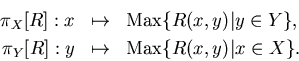 \begin{eqnarray*}\pi_X[R]:x &\mapsto& \mathop{\rm Max}\{R(x,y)\vert y\in Y\}, \\
\pi_Y[R]:y &\mapsto& \mathop{\rm Max}\{R(x,y)\vert x\in X\}. \end{eqnarray*}