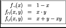 \fbox{$\begin{array}{rcl}
f_{\neg}(x) &=& 1-x \\
f_{\cap}(x,y) &=& x\cdot y \\
f_{\cup}(x,y) &=& x+y-xy %%\\
\end{array}$}