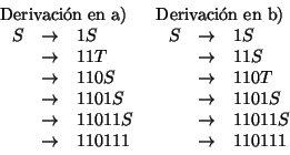 \begin{displaymath}\begin{array}{rclrcl}
\multicolumn{3}{c}{\mbox{\rm Derivaci\...
... \\
&\rightarrow& 110111 & &\rightarrow& 110111
\end{array}\end{displaymath}