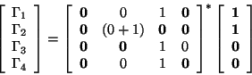 \begin{displaymath}\begin{array}{lclclcl}
\Gamma_1 &=& \Gamma(\mbox{\it nil\/})...
...0\Gamma(100)+1\Gamma(101) &=& 0\Gamma_2+1\Gamma_3
\end{array}\end{displaymath}