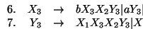 $\begin{array}{lrcl}
4. & X_3 &\rightarrow& X_2X_3X_2\vert a
\end{array}$
