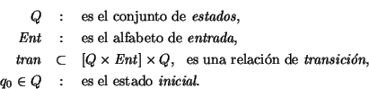 \begin{eqnarray*}Q &:& \mbox{\rm es el conjunto de {\em estados},} \\
\mbox{\i...
...on},} \\
q_0\in Q &:& \mbox{\rm es el estado {\em inicial}.}
\end{eqnarray*}