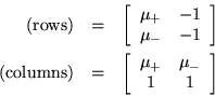 \begin{eqnarray*}
{\rm (rows)} & = & \left[ \begin{array}{cc}
\mu_+ & -1 \\ \...
...begin{array}{cc}
\mu_+ & \mu_- \\ 1 & 1
\end{array} \right]
\end{eqnarray*}