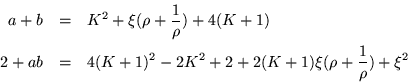 \begin{eqnarray*}
a+b & = & K^2 +\xi(\rho +\frac{1}{\rho}) +4(K+1) \\
2+ab & = & 4(K+1)^2 -2K^2 +2 +2(K+1)\xi(\rho +\frac{1}{\rho}) +\xi^2
\end{eqnarray*}