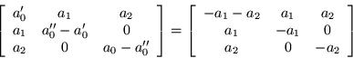 \begin{displaymath}
\left[\begin{array}{ccc}
a_0^{\prime} & a_1 & a_2 \\
a_...
..._2 \\
a_1 & -a_1 & 0 \\
a_2 & 0 & -a_2 \end{array}\right]
\end{displaymath}