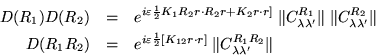 \begin{eqnarray*}D(R_1)D(R_2) & = & e^{i\varepsilon\frac{1}{2}
K_1R_2r\cdot R_2...
...{2}[K_{12}r\cdot r]}
\;\Vert C^{R_1R_2}_{\lambda\lambda'}\Vert
\end{eqnarray*}