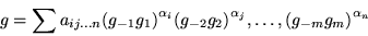\begin{displaymath}g=\sum a_{ij...n}{(g_{-1}g_1)}^{\alpha_i} {(g_{-2}g_2)}^{\alpha_j},\ldots,
{(g_{-m}g_m)}^{\alpha_n}\end{displaymath}