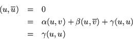 \begin{eqnarray*}
(u,\overline{u})&=& 0 \\
&=& \alpha(u,v)+\beta(u,\overline{v})+\gamma(u,u) \\
&=& \gamma(u,u)
\end{eqnarray*}